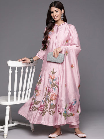 Pink Floral Printed Anarkali Kurta Paired With Bottom And Dupatta
